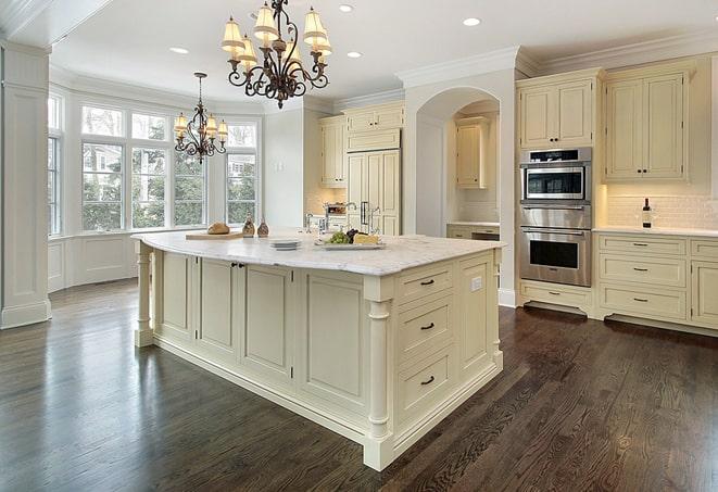 shiny laminate flooring in modern kitchen in Argos